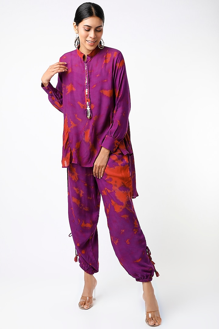Purple Tie-Dye Cuffed Pant Set by EnEch By Nupur Harwani