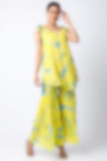 Lime Yellow Shimmer Tie-Dye Sharara Set by EnEch By Nupur Harwani
