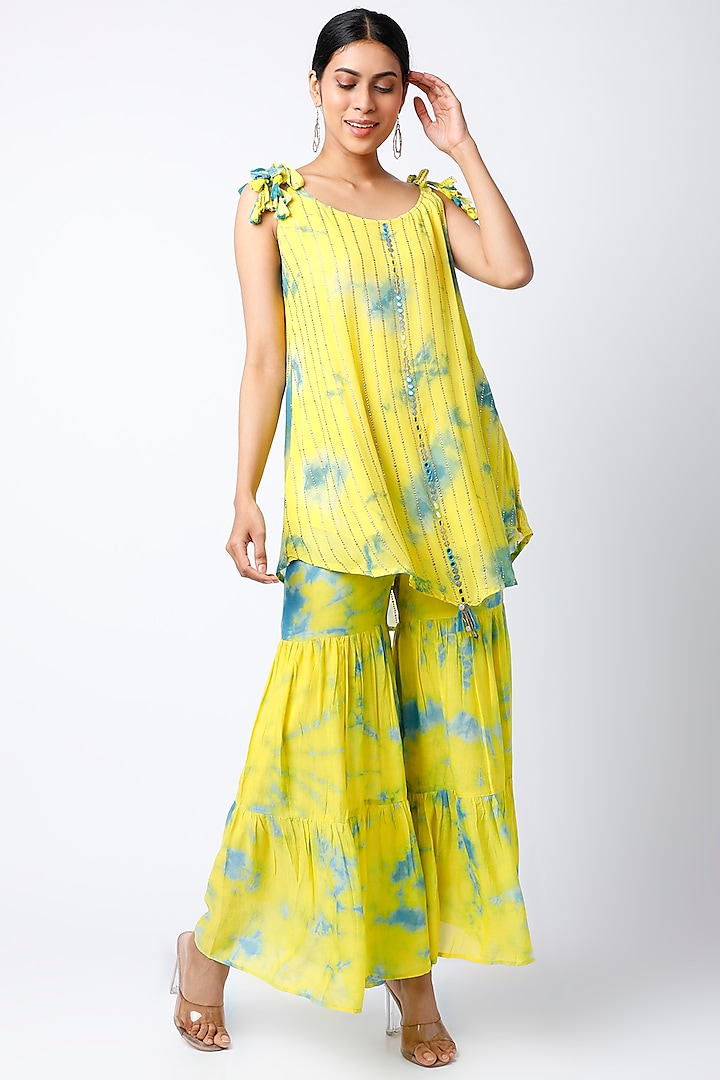Lime Yellow Shimmer Tie-Dye Sharara Set by EnEch By Nupur Harwani