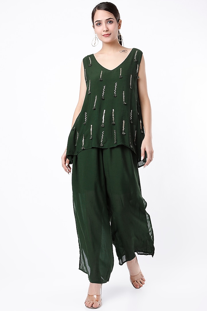 Bottle Green Tie-Dye Jumpsuit by EnEch By Nupur Harwani