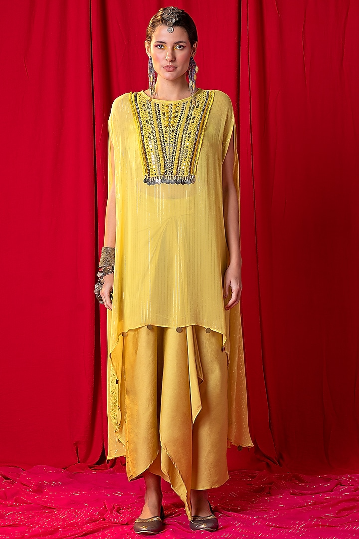 Lime Green Embroidered Kimono Tunic Set by EnEch By Nupur Harwani