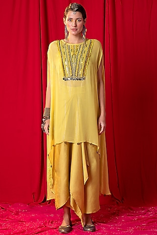Lime Green Embroidered Kimono Tunic Set by EnEch By Nupur Harwani