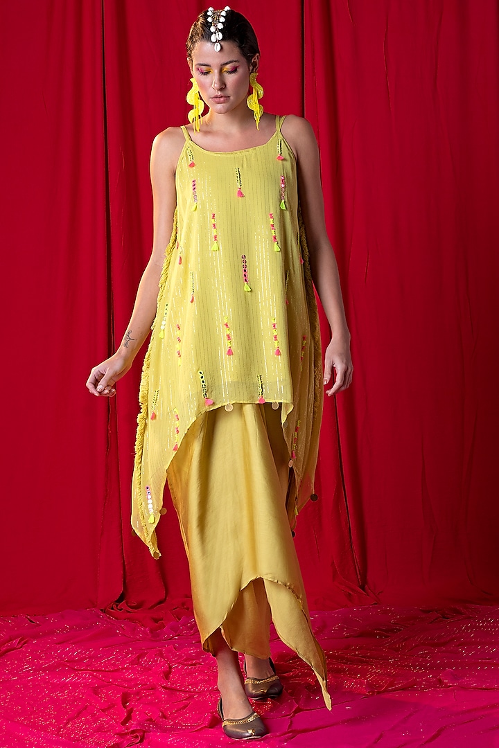 Lime Green Embroidered Spaghetti Tunic Set by EnEch By Nupur Harwani