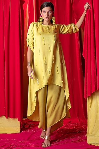 Lime Green Embellished High-Low Tunic Set by EnEch By Nupur Harwani