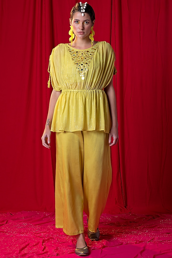 Lime Green Muslin Modal Palazzo pant Set by EnEch By Nupur Harwani at Pernia's Pop Up Shop