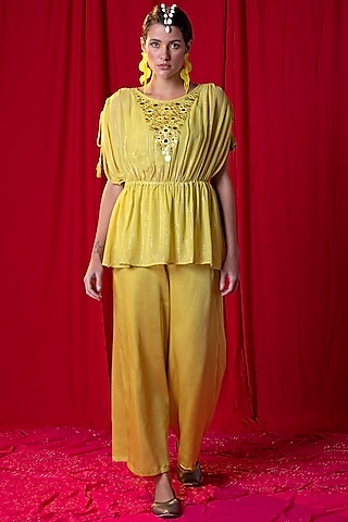 Lime Green Muslin Modal Palazzo pant Set by EnEch By Nupur Harwani