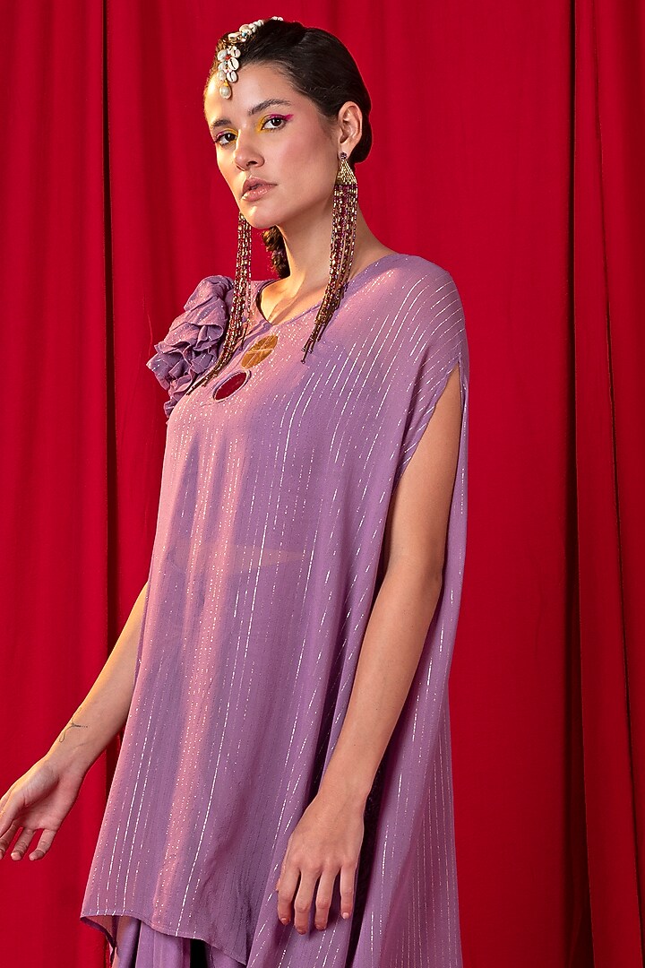 Lavender Embroidered Asymmetrical Kimono Tunic Set by EnEch By Nupur Harwani at Pernia's Pop Up Shop