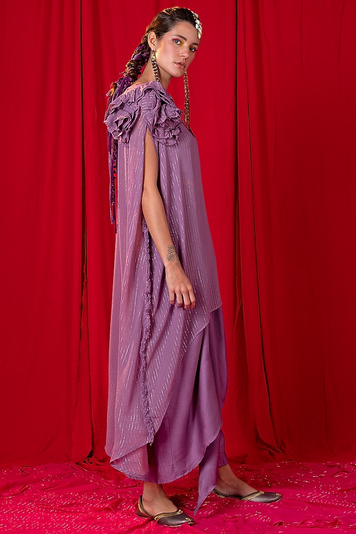 Lavender Embroidered Asymmetrical Kimono Tunic Set by EnEch By Nupur Harwani at Pernia's Pop Up Shop
