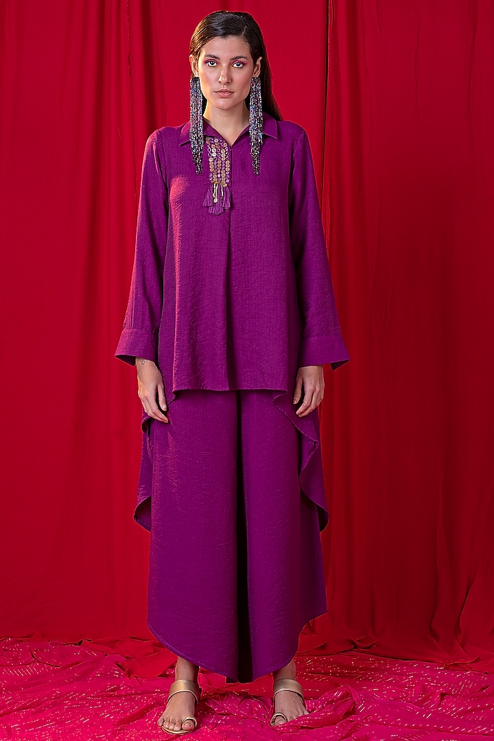 Purple Khadi Asymmetrical Pant Set by EnEch By Nupur Harwani