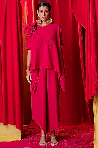 Rani Pink Khadi Asymmetrical Pant Set by EnEch By Nupur Harwani