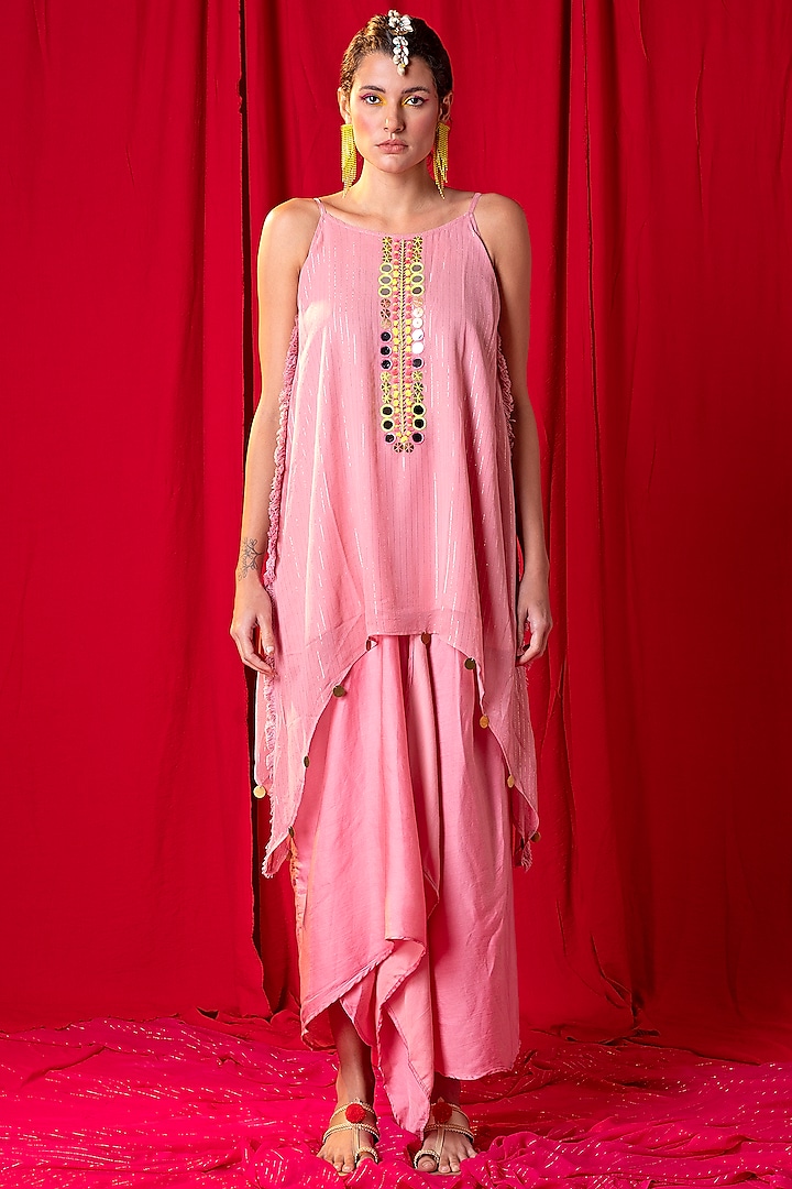 Moose Pink Embroidered Spaghetti Tunic Set by EnEch By Nupur Harwani at Pernia's Pop Up Shop