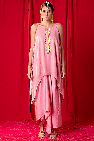 Moose Pink Embroidered Spaghetti Tunic Set by EnEch By Nupur Harwani