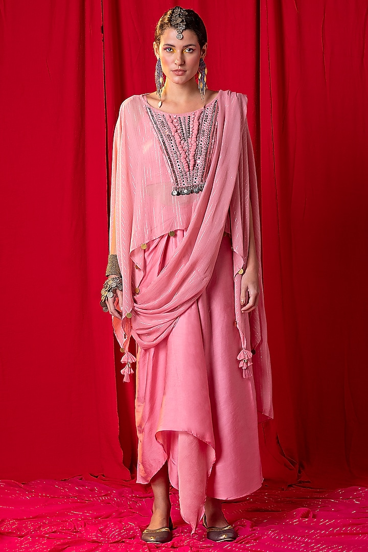Moose Pink Embroidered Cape Set by EnEch By Nupur Harwani