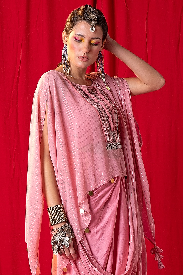Moose Pink Embroidered Cape Set by EnEch By Nupur Harwani at Pernia's Pop Up Shop