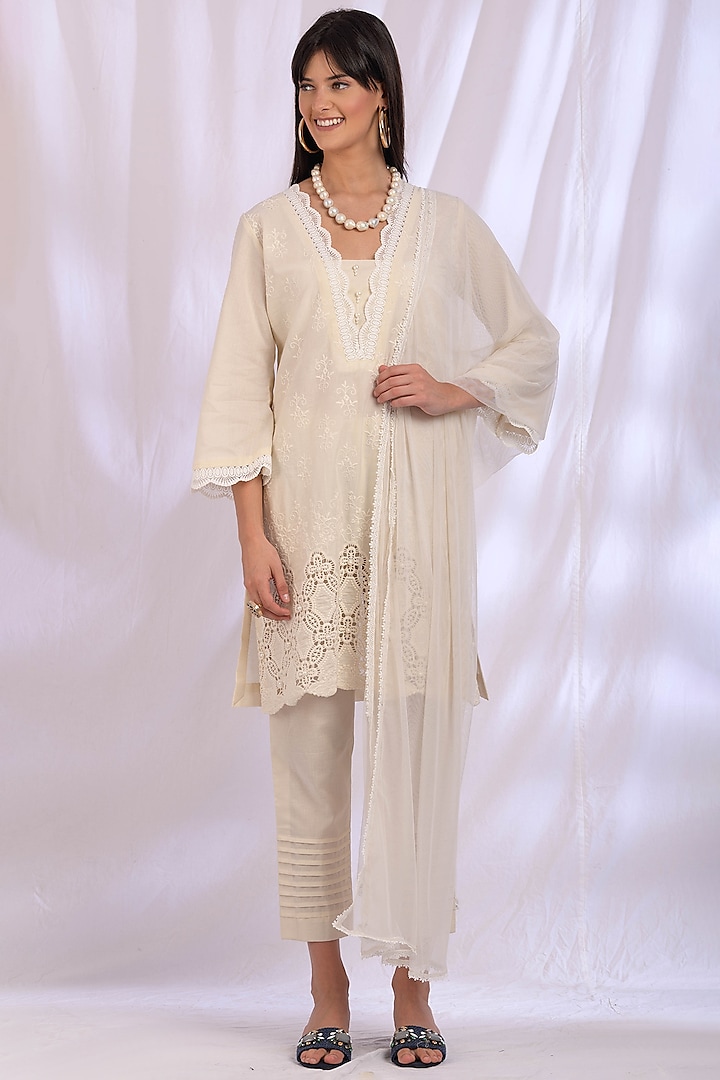 Light Beige Embroidered Kurta Set by Enaarah