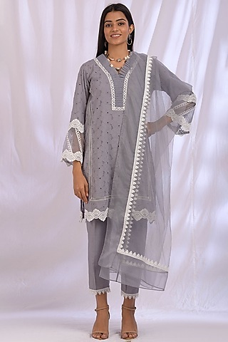 Spanish Grey Cotton Kurta Set by Enaarah