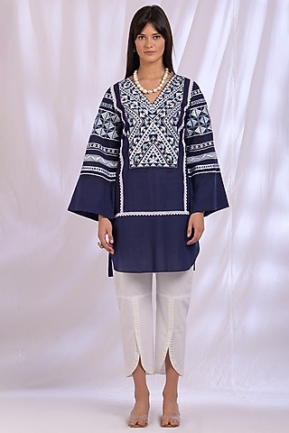 Navy Blue Cotton Kurta by Enaarah