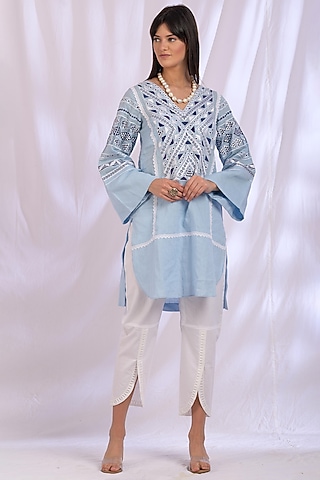 Sky Blue Cotton Embroidered Kurta by Enaarah