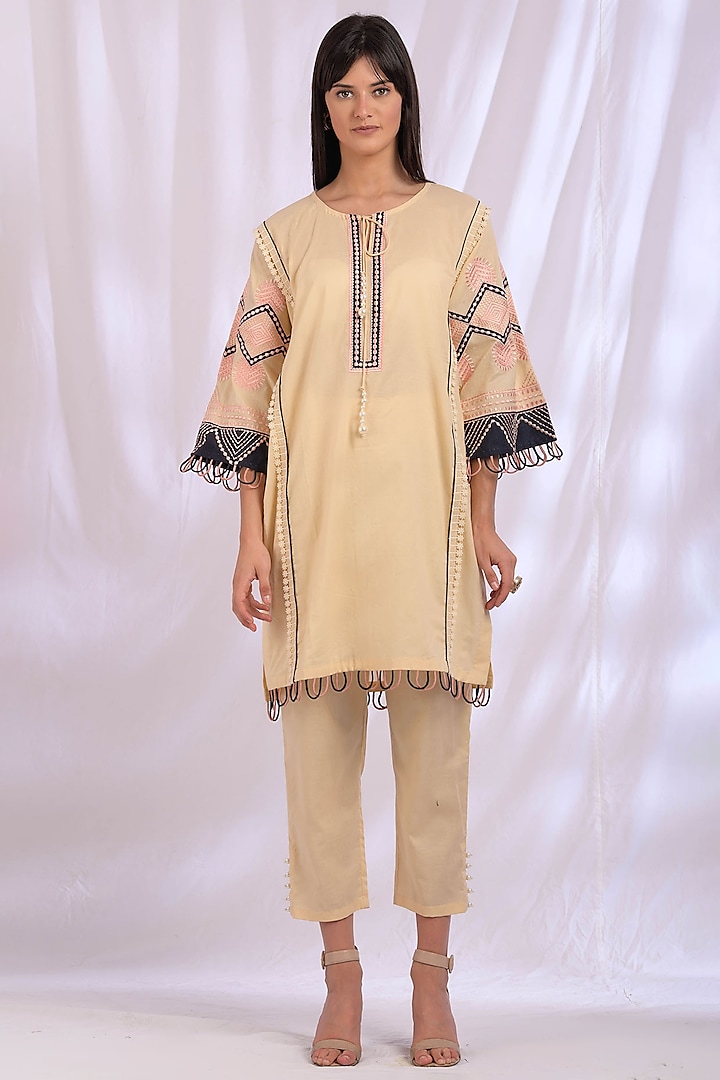 Beige Cotton Embroidered Kurta by Enaarah