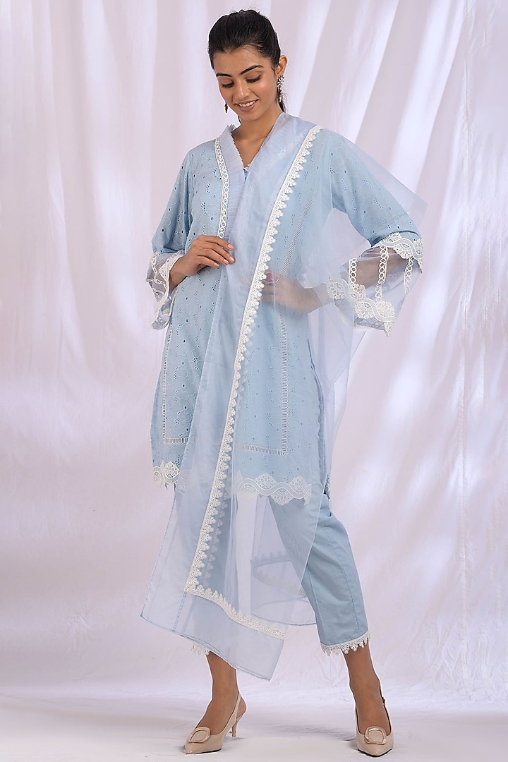 Ice Blue Pleated Kurta by Enaarah