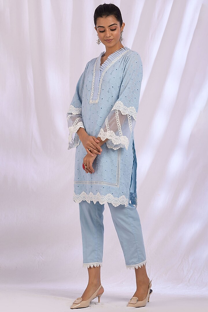 Ice Blue Pleated Kurta by Enaarah at Pernia's Pop Up Shop
