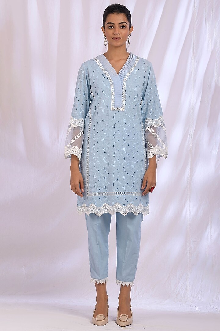 Ice Blue Pleated Kurta by Enaarah at Pernia's Pop Up Shop