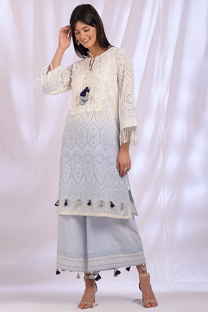 Sky Blue Kurta With Lace Detailing by Enaarah at Pernia's Pop Up Shop