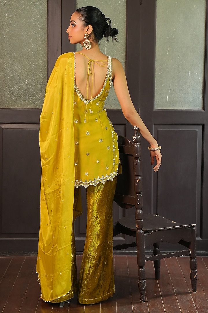 Lime Green Glass Tissue Silk Pearl Embroidered Tunic Set by EnamourByRadha at Pernia's Pop Up Shop