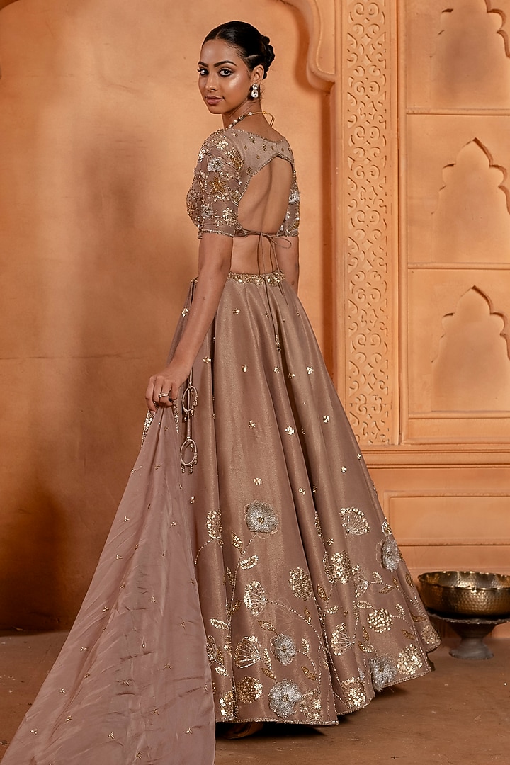 Nude Brown Upada Silk Zari & Sequins Hand Embroidered Wedding Lehenga Set by EnamourByRadha at Pernia's Pop Up Shop