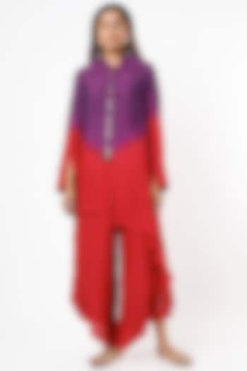 Purple & Red Silk Modal Pant Set by Enech By Nupur Harwani