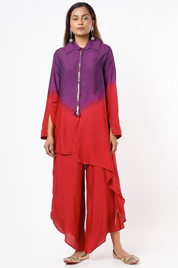 Purple & Red Silk Modal Pant Set by Enech By Nupur Harwani