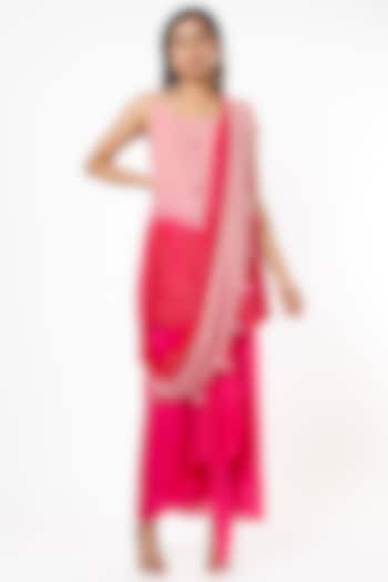 Mouse Pink & Rani Pink Skirt Saree Set by Enech By Nupur Harwani
