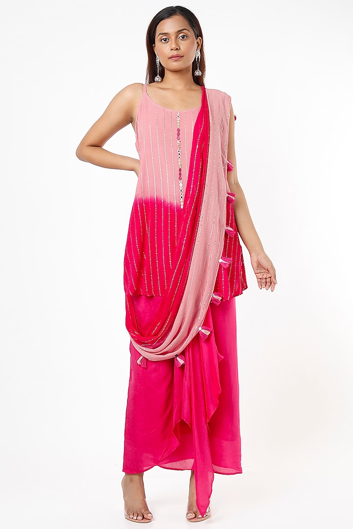 Mouse Pink & Rani Pink Skirt Saree Set by Enech By Nupur Harwani