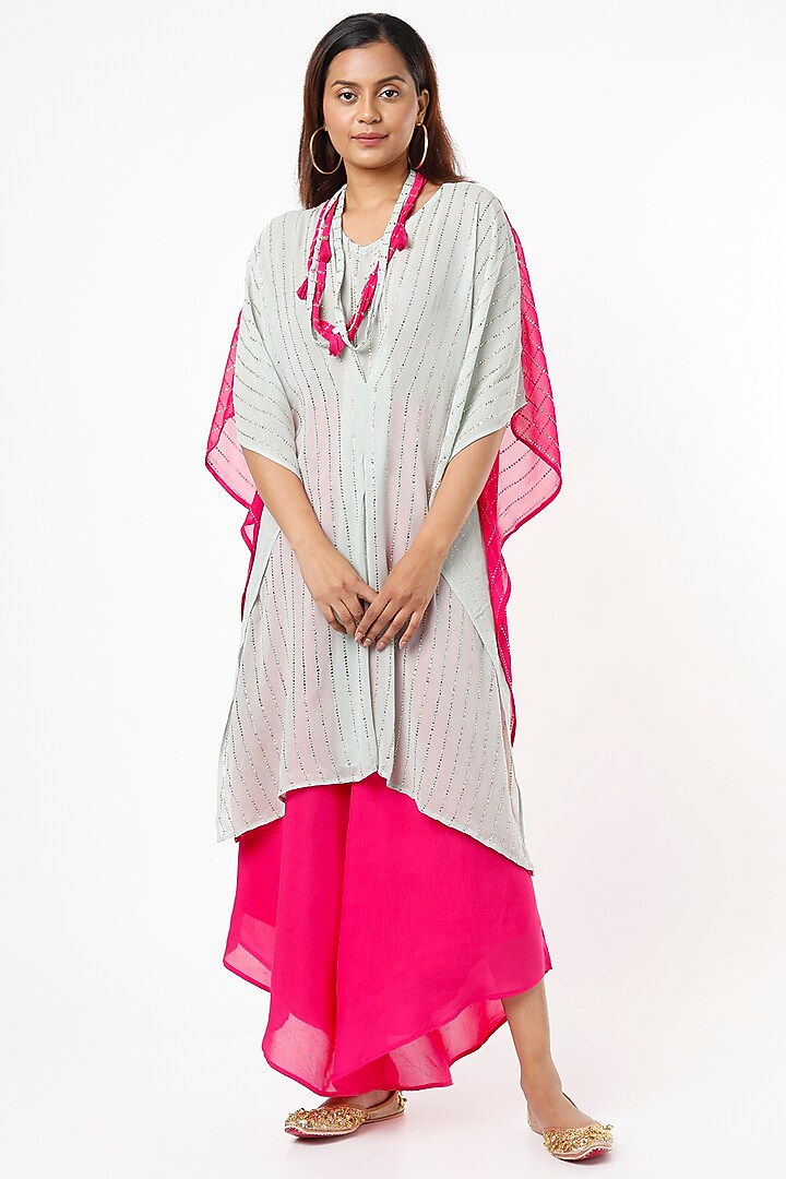Pink & Green Shimmer Kaftan Set by Enech By Nupur Harwani at Pernia's Pop Up Shop