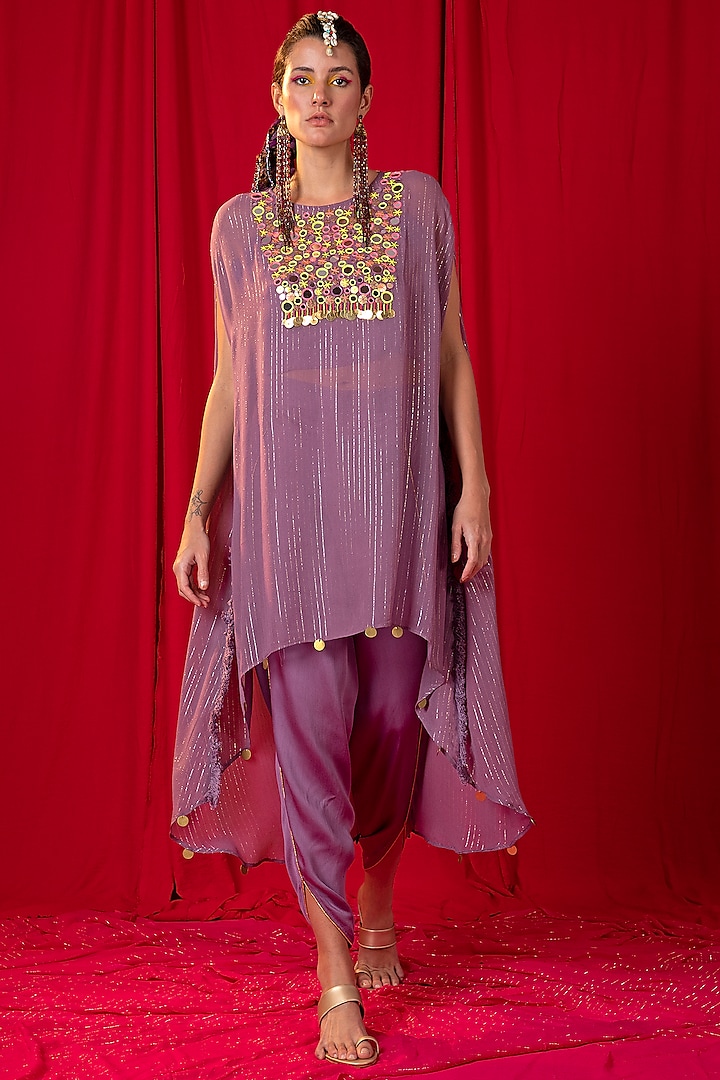 Lavender Embroidered Kimono Tunic Set by EnEch By Nupur Harwani