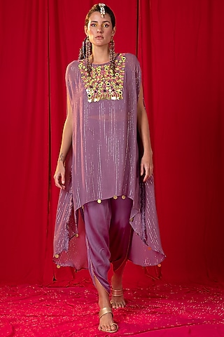 Lavender Embroidered Kimono Tunic Set by EnEch By Nupur Harwani