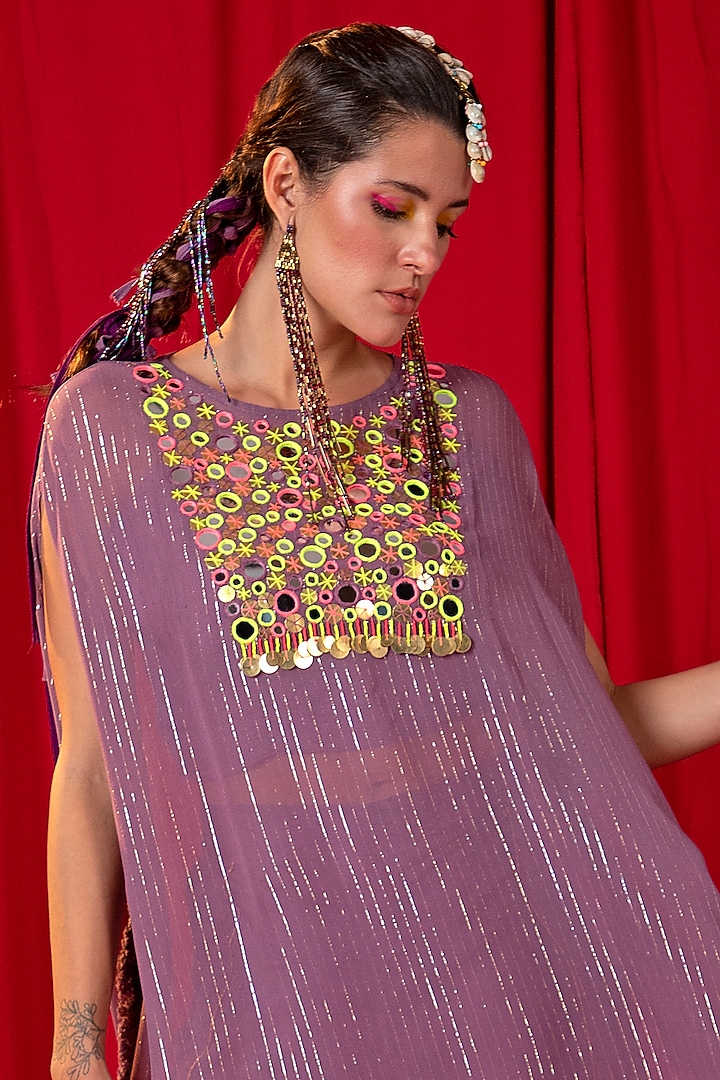 Lavender Embroidered Kimono Tunic Set by EnEch By Nupur Harwani at Pernia's Pop Up Shop