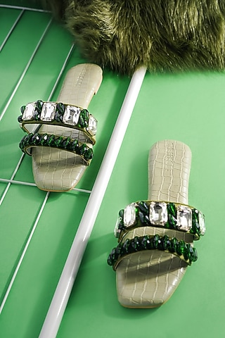 Green Vegan Leather Embellished Flats by The Episode
