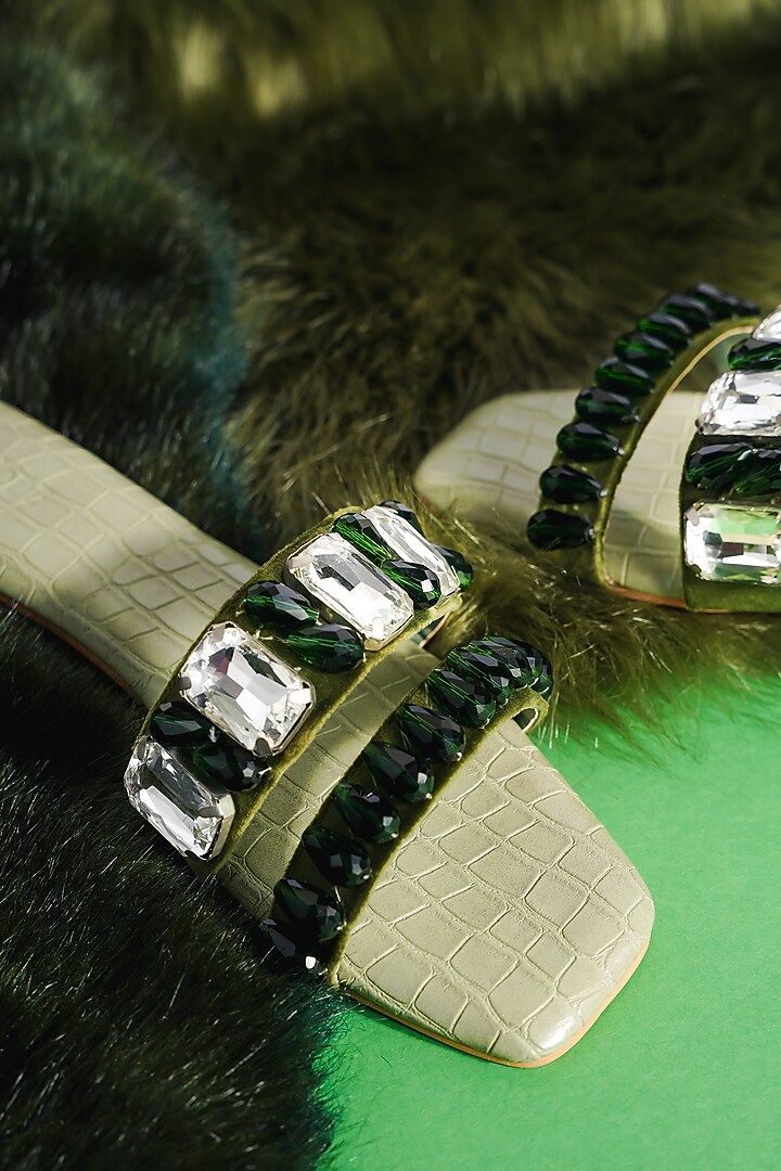 Green Vegan Leather Embellished Flats by The Episode at Pernia's Pop Up Shop