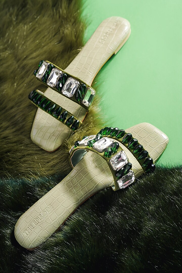 Green Vegan Leather Embellished Flats by The Episode at Pernia's Pop Up Shop