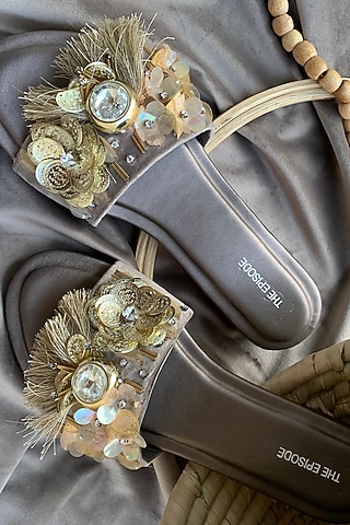 Gold Vegan Leather Embellished Flats by The Episode