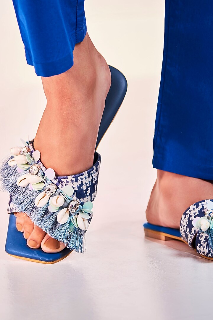 Blue Vegan Leather Embellished Flats by The Episode at Pernia's Pop Up Shop