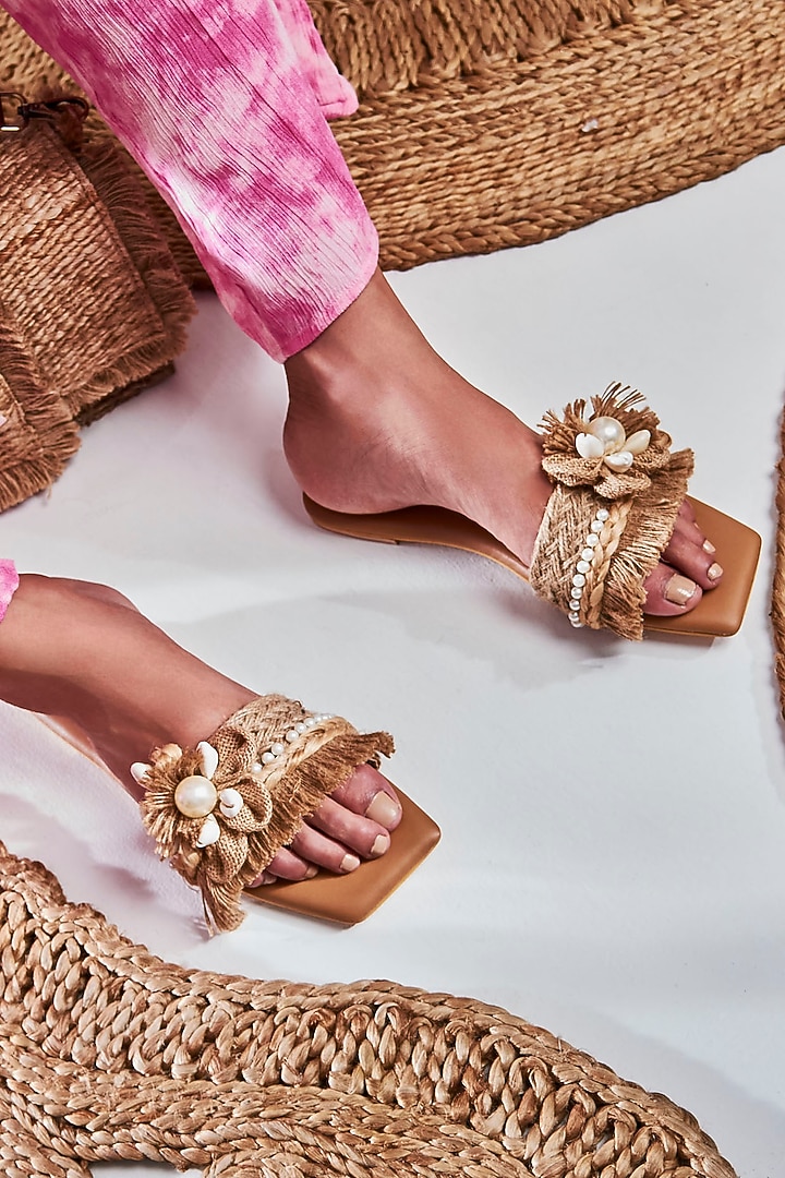 Beige Vegan Leather Embellished Flats by The Episode at Pernia's Pop Up Shop