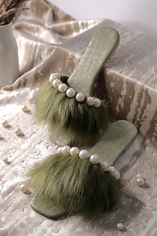 Green Vegan Leather Embellished Flats by The Episode