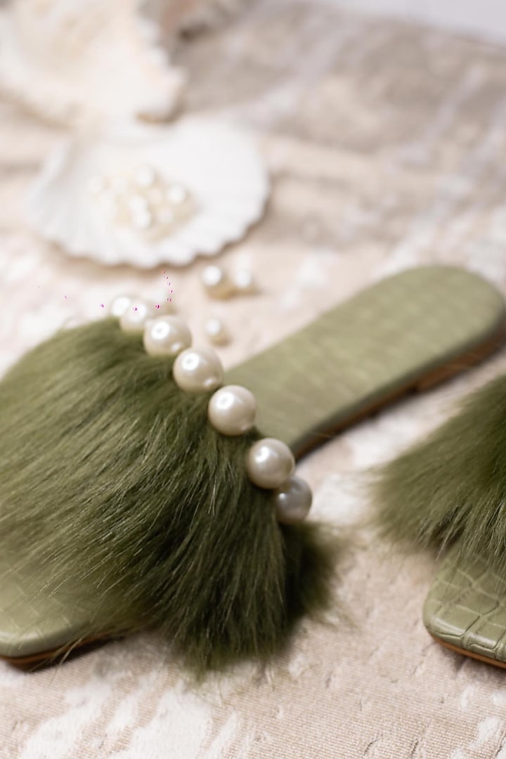 Green Vegan Leather Embellished Flats by The Episode at Pernia's Pop Up Shop