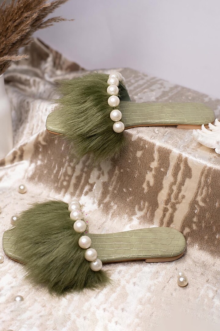 Green Vegan Leather Embellished Flats by The Episode at Pernia's Pop Up Shop