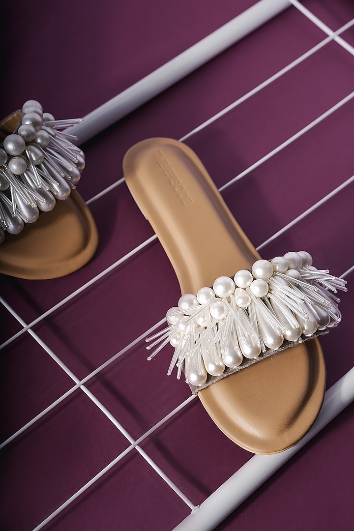White Vegan Leather Embellished Flats by The Episode at Pernia's Pop Up Shop