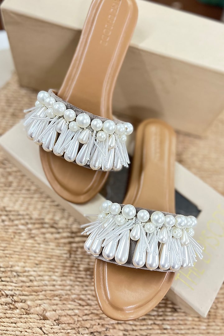 White Vegan Leather Embellished Flats by The Episode at Pernia's Pop Up Shop