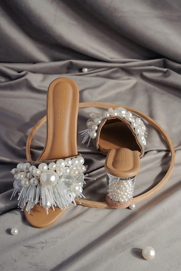 White Vegan Leather Embellished Heels by The Episode at Pernia's Pop Up Shop