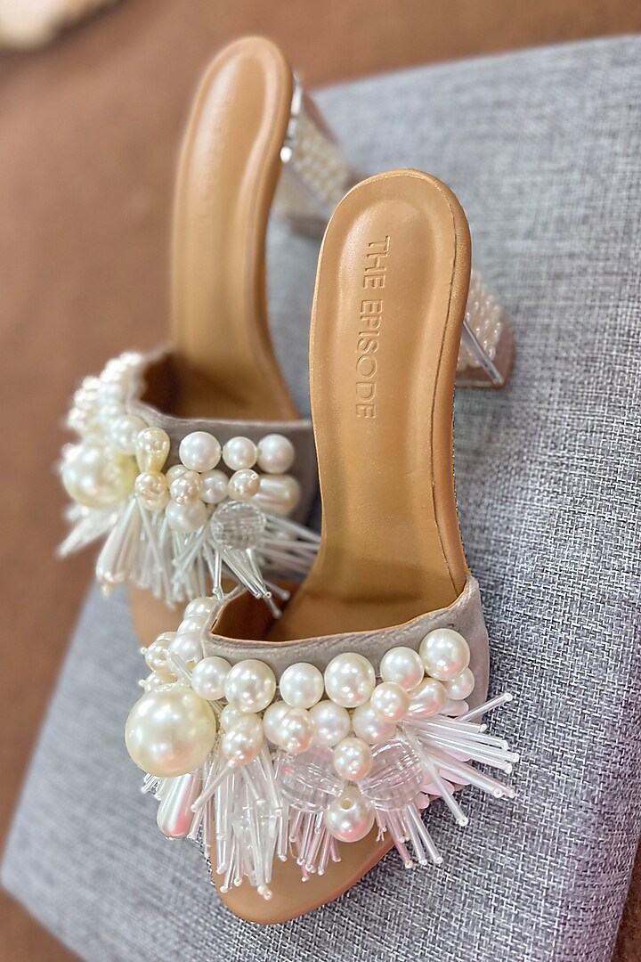 White Vegan Leather Embellished Heels by The Episode at Pernia's Pop Up Shop